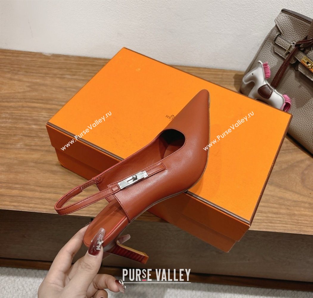 Hermes Lover Slingback Pumps 8cm in Calfskin Leather with Kelly Buckle Brown 2025 H252121 (XC-251024004)
