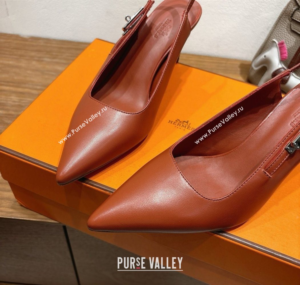 Hermes Lover Slingback Pumps 8cm in Calfskin Leather with Kelly Buckle Brown 2025 H252121 (XC-251024004)