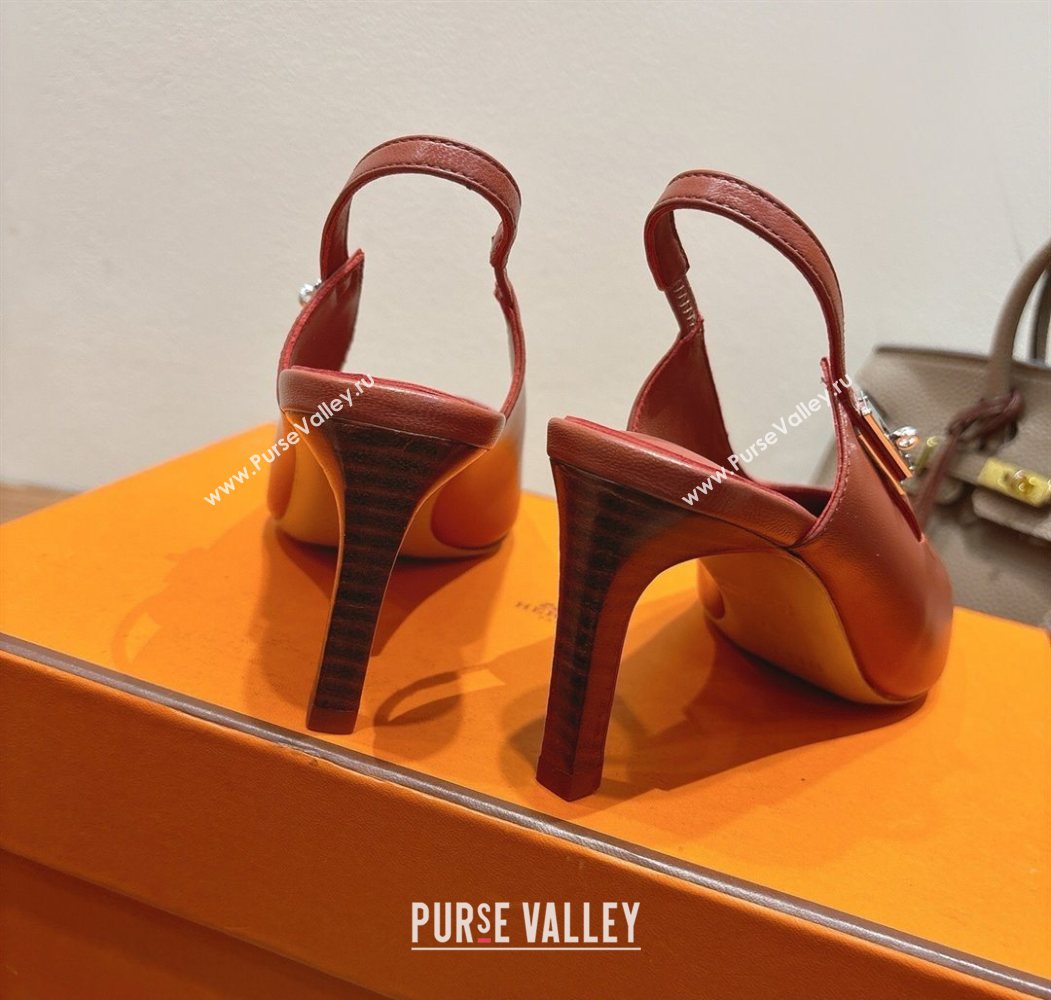 Hermes Lover Slingback Pumps 8cm in Calfskin Leather with Kelly Buckle Brown 2025 H252121 (XC-251024004)