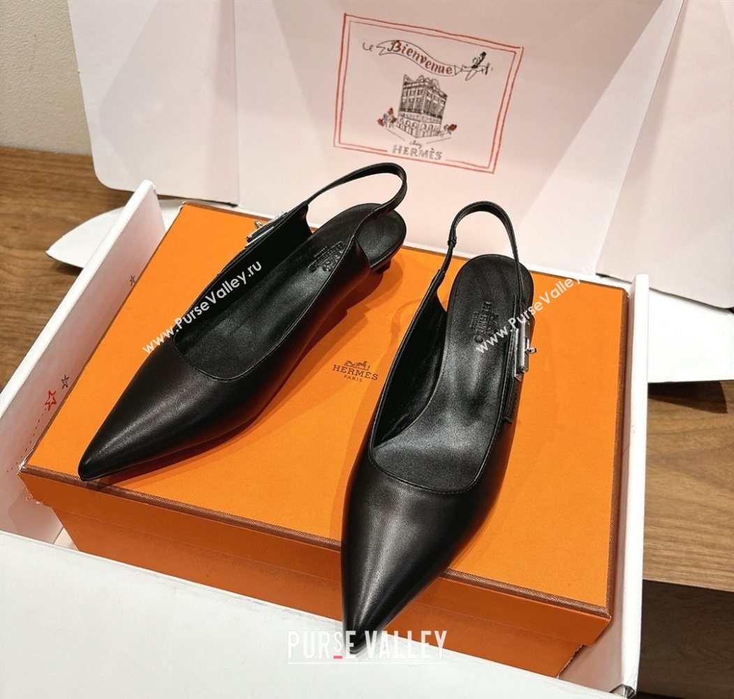 Hermes Lover Slingback Pumps 4cm in Calfskin Leather with Kelly Buckle Black 2025 H252121 (XC-251024005)