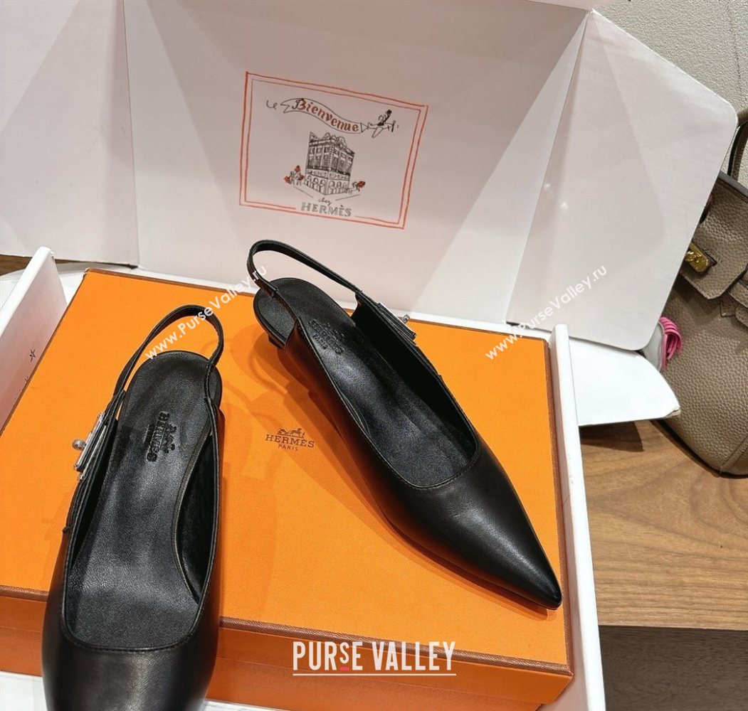 Hermes Lover Slingback Pumps 4cm in Calfskin Leather with Kelly Buckle Black 2025 H252121 (XC-251024005)