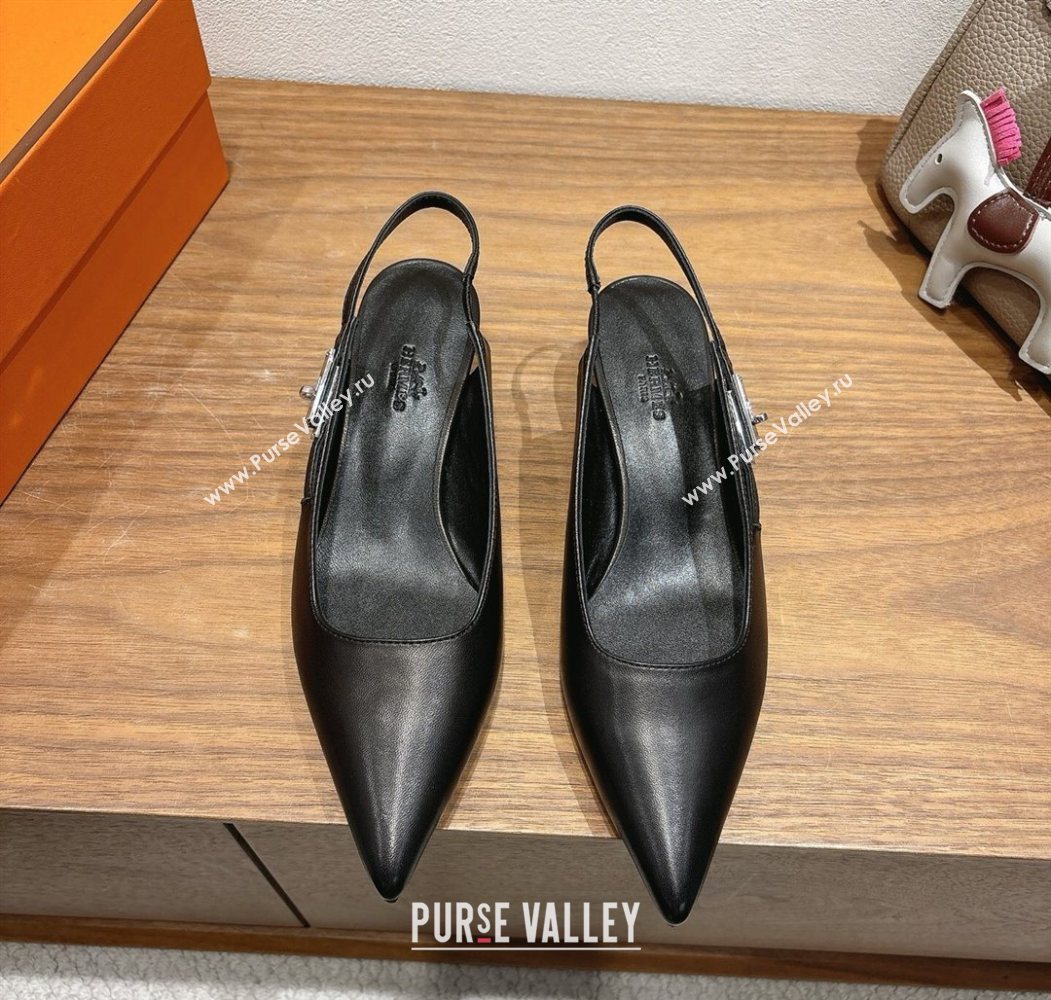 Hermes Lover Slingback Pumps 4cm in Calfskin Leather with Kelly Buckle Black 2025 H252121 (XC-251024005)