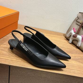 Hermes Lover Slingback Pumps 4cm in Calfskin Leather with Kelly Buckle Black 2025 H252121 (XC-251024005)