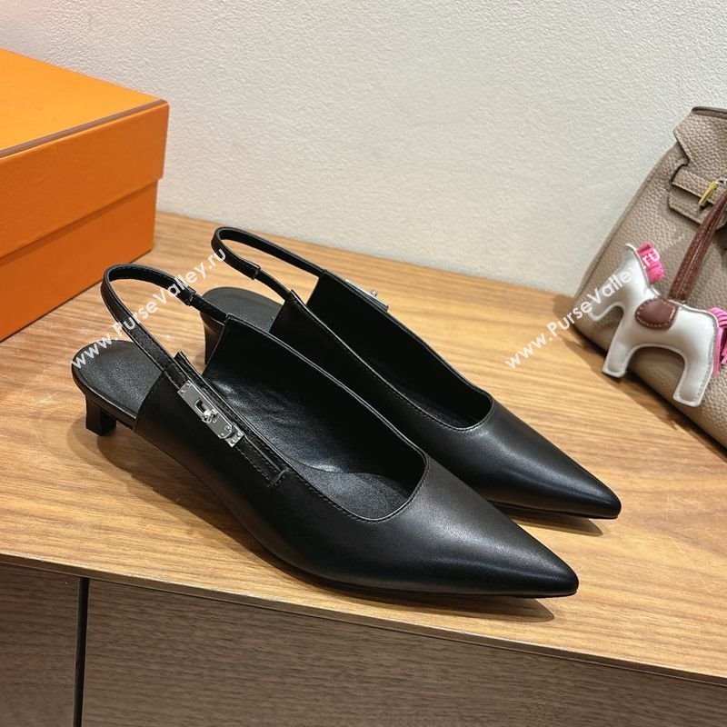 Hermes Lover Slingback Pumps 4cm in Calfskin Leather with Kelly Buckle Black 2025 H252121 (XC-251024005)