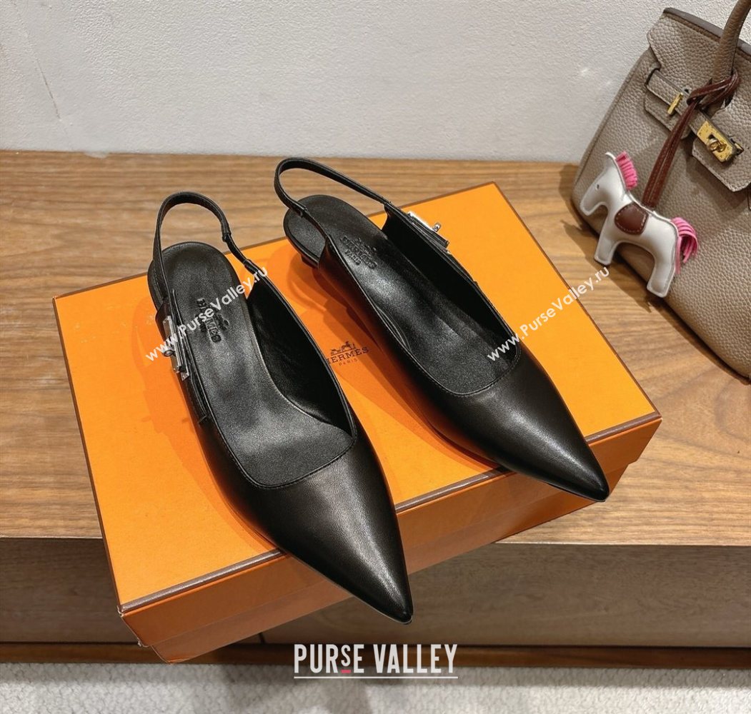 Hermes Lover Slingback Pumps 4cm in Calfskin Leather with Kelly Buckle Black 2025 H252121 (XC-251024005)