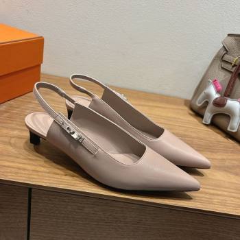 Hermes Lover Slingback Pumps 4cm in Calfskin Leather with Kelly Buckle Beige Grey 2025 H252121 (XC-251024006)