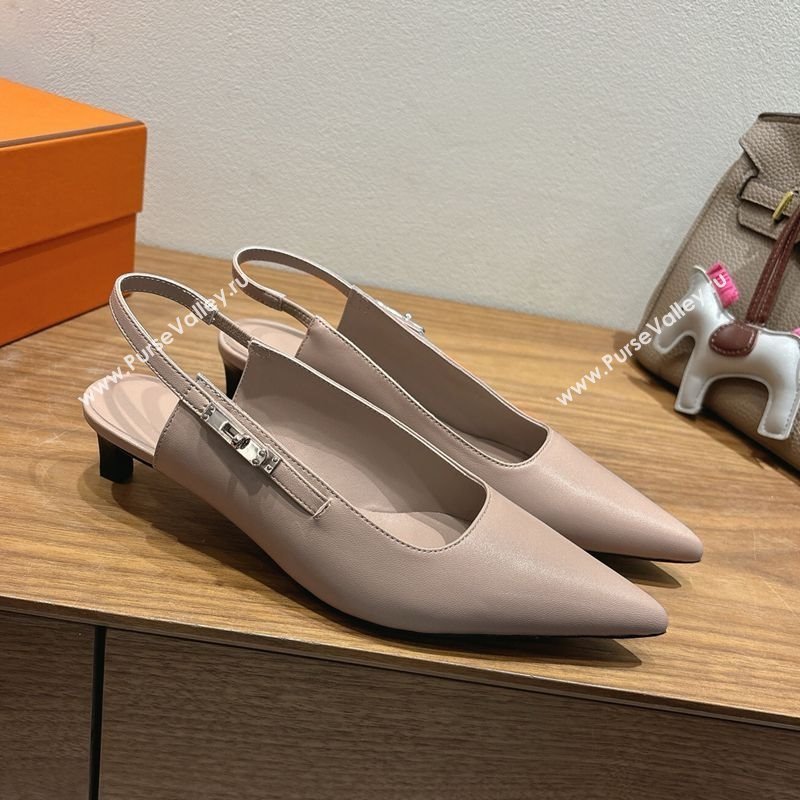 Hermes Lover Slingback Pumps 4cm in Calfskin Leather with Kelly Buckle Beige Grey 2025 H252121 (XC-251024006)