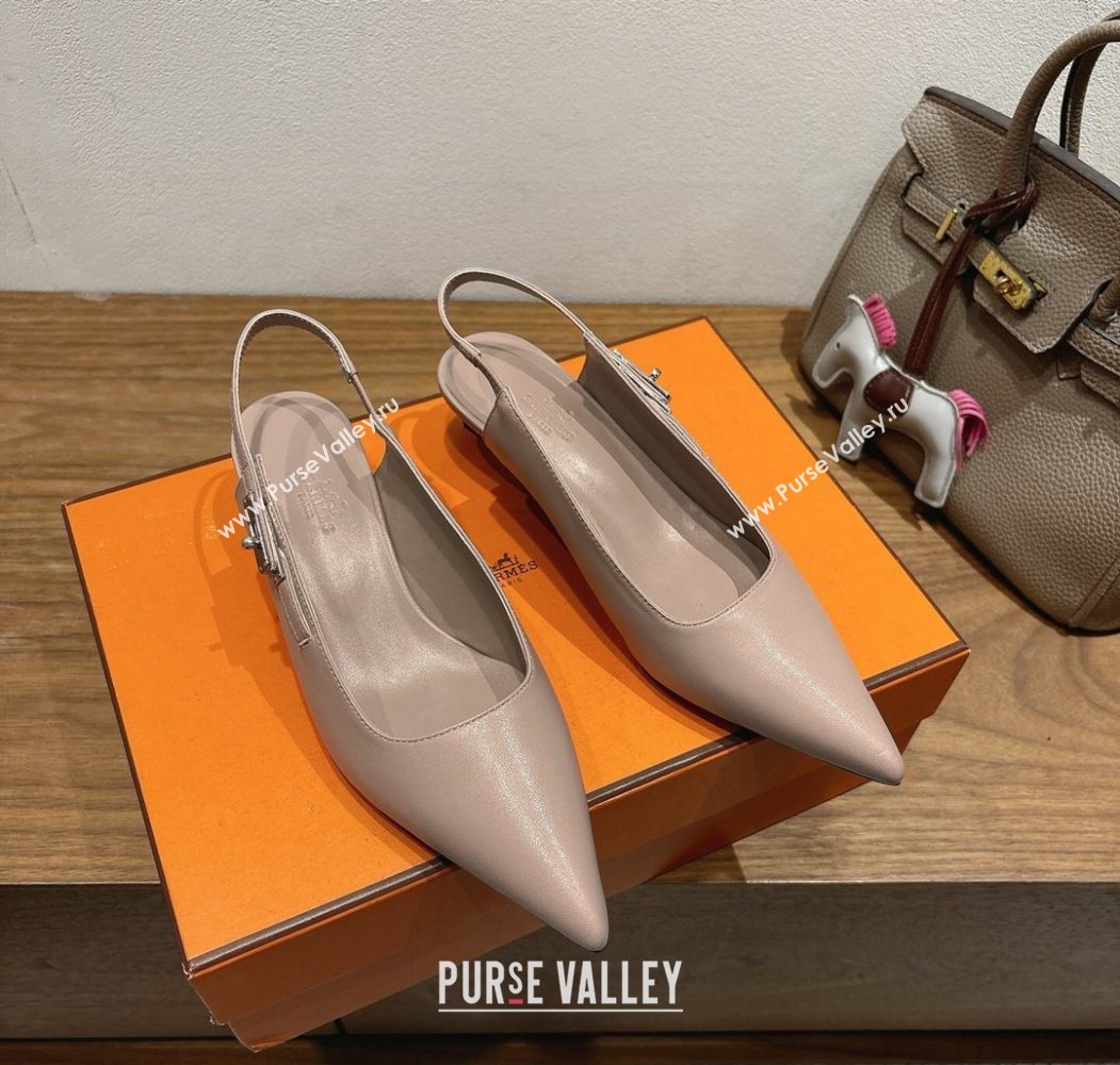 Hermes Lover Slingback Pumps 4cm in Calfskin Leather with Kelly Buckle Beige Grey 2025 H252121 (XC-251024006)
