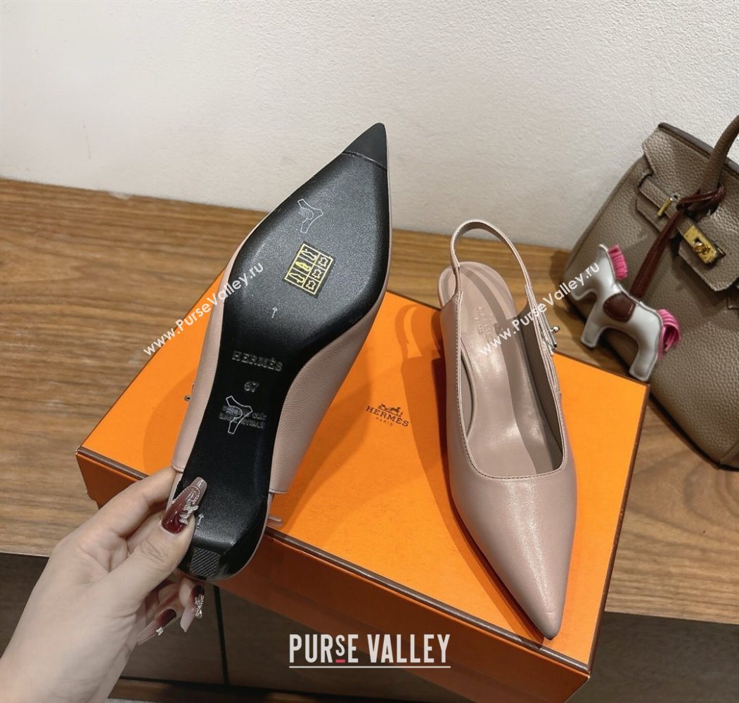 Hermes Lover Slingback Pumps 4cm in Calfskin Leather with Kelly Buckle Beige Grey 2025 H252121 (XC-251024006)
