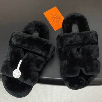 Hermes Chypre Flat Slides Sandal in Wool Black 2025 H102306 (MD-251023110)