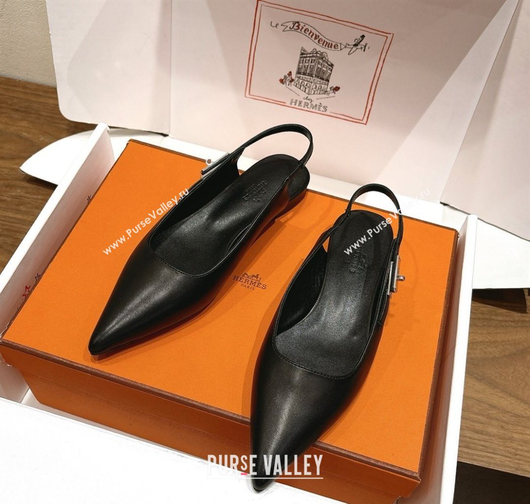 Hermes Lover Slingbacks Flat in Calfskin Leather with Kelly Buckle Black 2025 H252121 (XC-251024012)