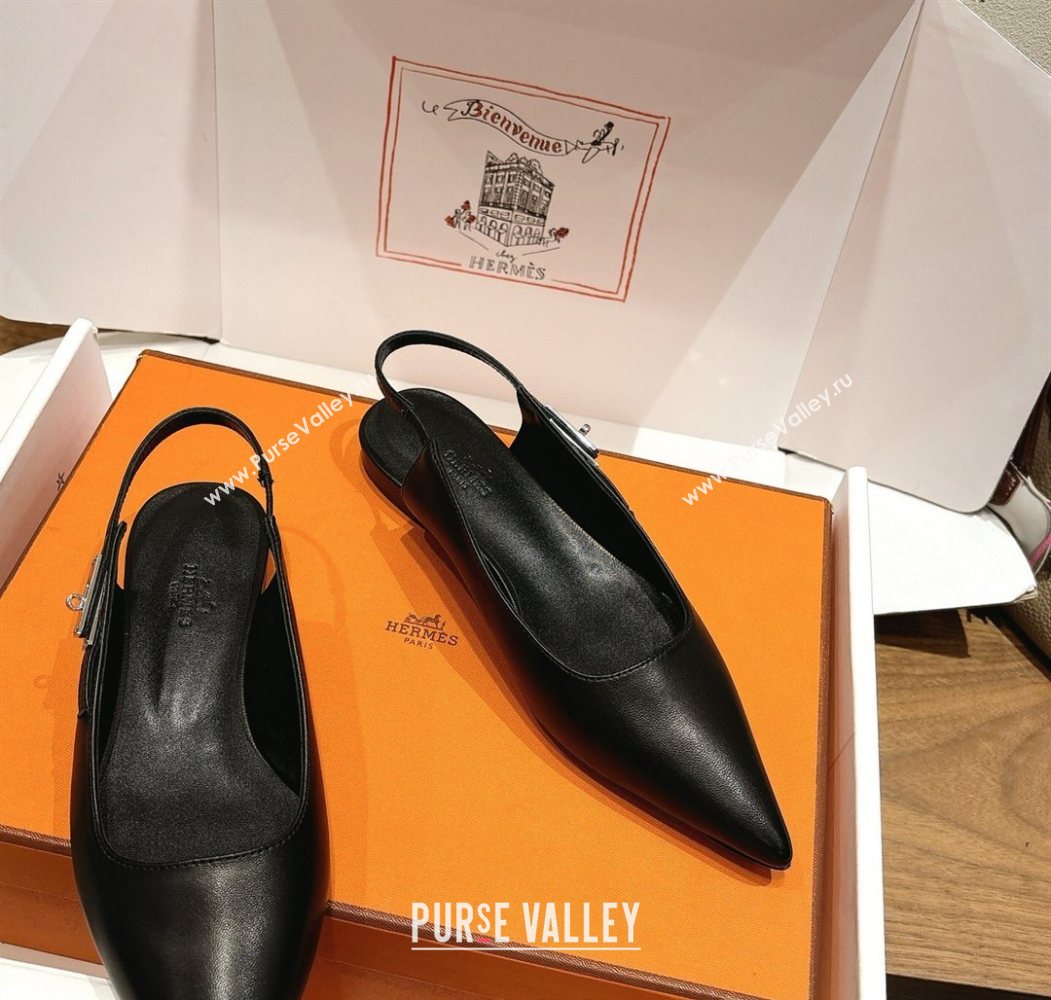 Hermes Lover Slingbacks Flat in Calfskin Leather with Kelly Buckle Black 2025 H252121 (XC-251024012)