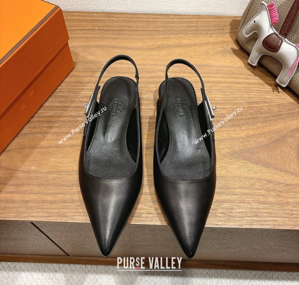 Hermes Lover Slingbacks Flat in Calfskin Leather with Kelly Buckle Black 2025 H252121 (XC-251024012)