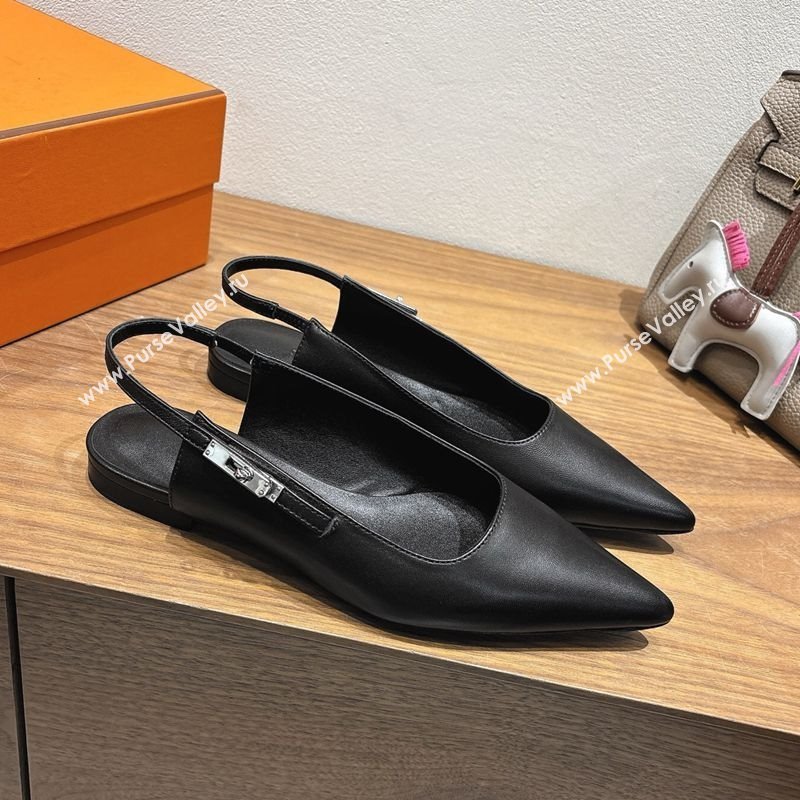Hermes Lover Slingbacks Flat in Calfskin Leather with Kelly Buckle Black 2025 H252121 (XC-251024012)