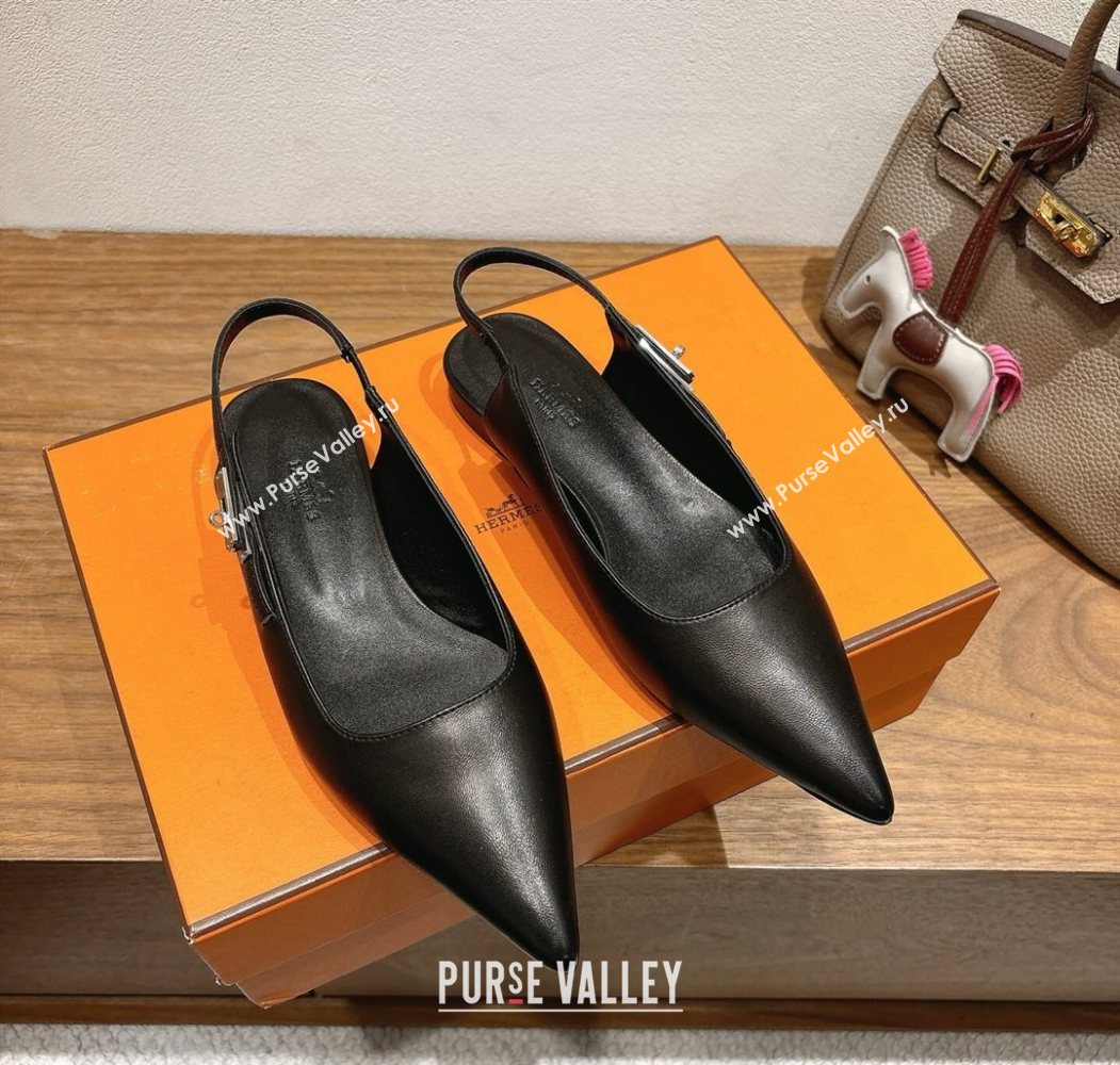 Hermes Lover Slingbacks Flat in Calfskin Leather with Kelly Buckle Black 2025 H252121 (XC-251024012)