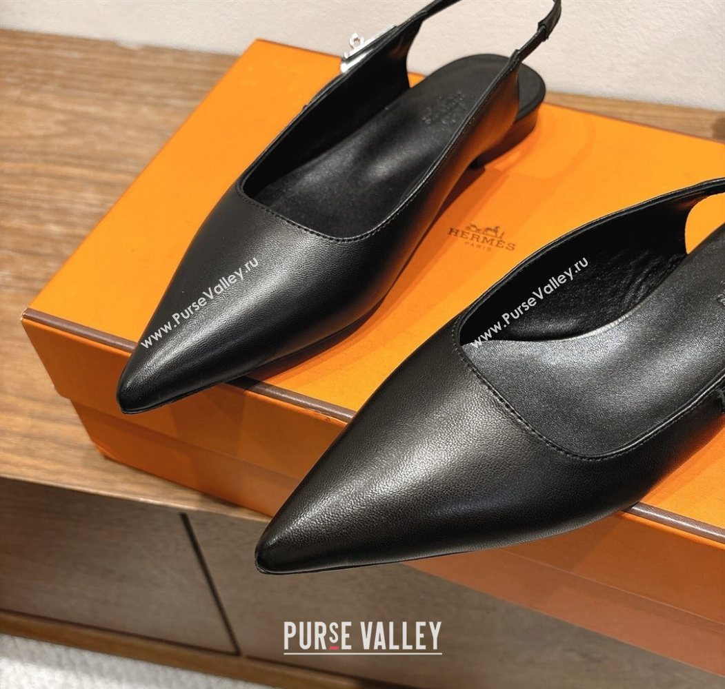 Hermes Lover Slingbacks Flat in Calfskin Leather with Kelly Buckle Black 2025 H252121 (XC-251024012)