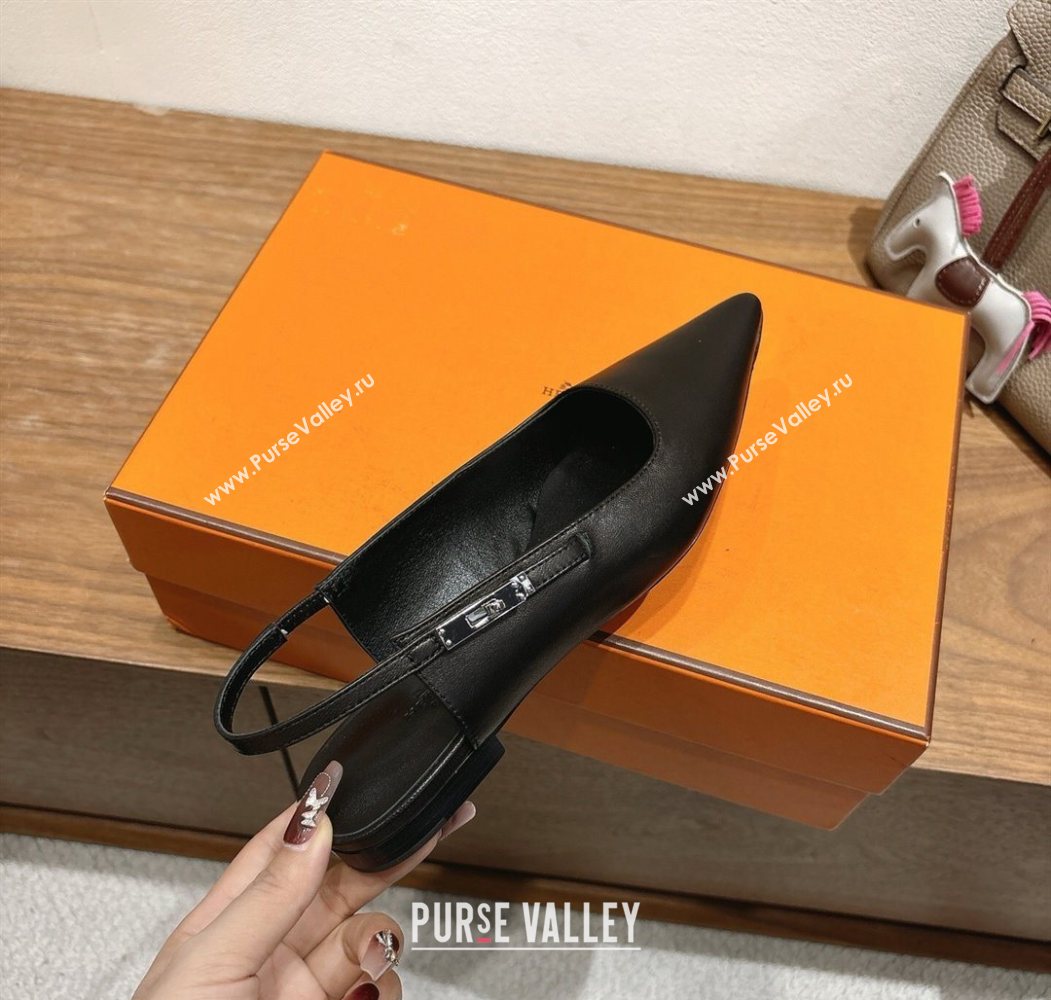 Hermes Lover Slingbacks Flat in Calfskin Leather with Kelly Buckle Black 2025 H252121 (XC-251024012)