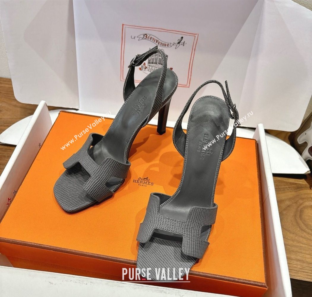 Hermes Eremite Heel Sandals 10cm in Ostrich Embossed Leather Dark Grey 2025 H102308 (XC-251023140)