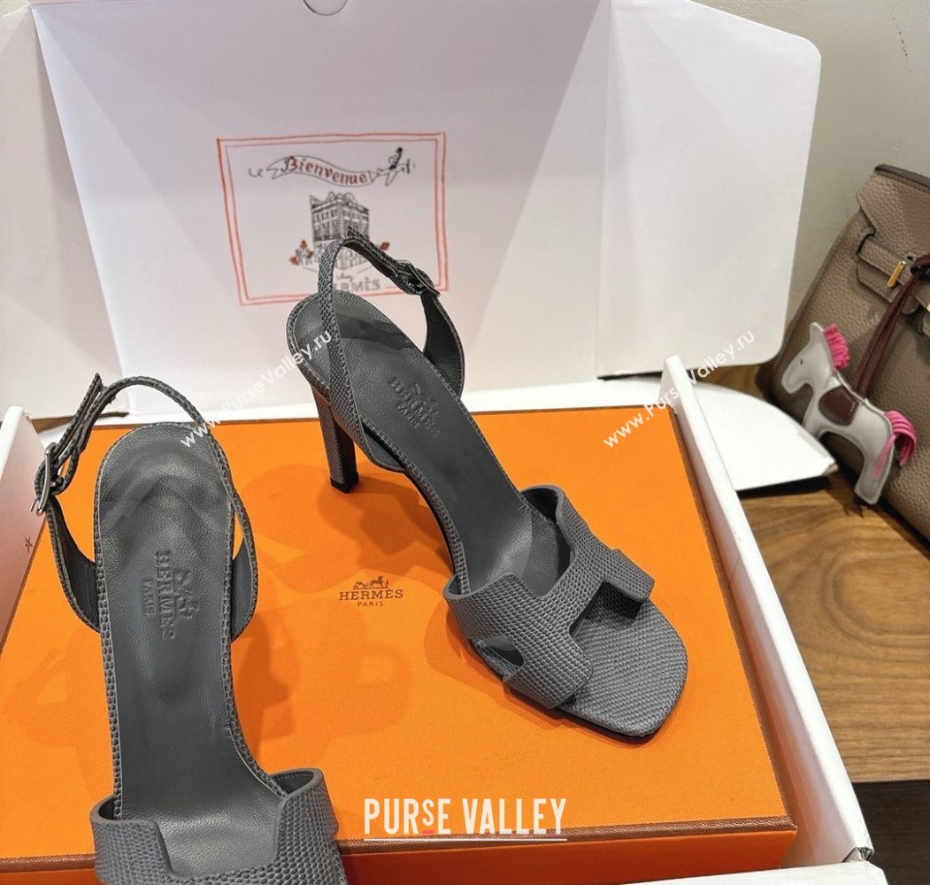 Hermes Eremite Heel Sandals 10cm in Ostrich Embossed Leather Dark Grey 2025 H102308 (XC-251023140)