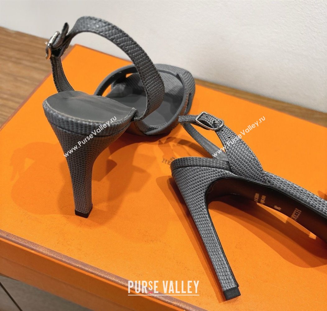 Hermes Eremite Heel Sandals 10cm in Ostrich Embossed Leather Dark Grey 2025 H102308 (XC-251023140)