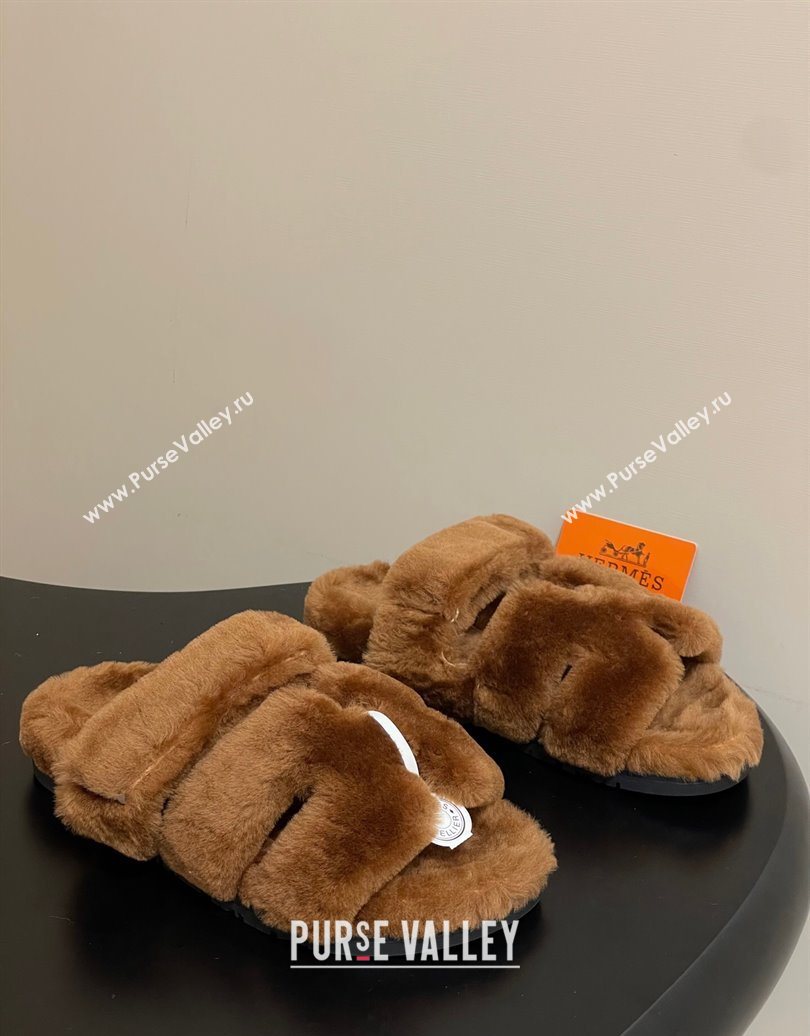 Hermes Chypre Flat Slides Sandal in Wool Brown 2025 H102306 (MD-251023114)