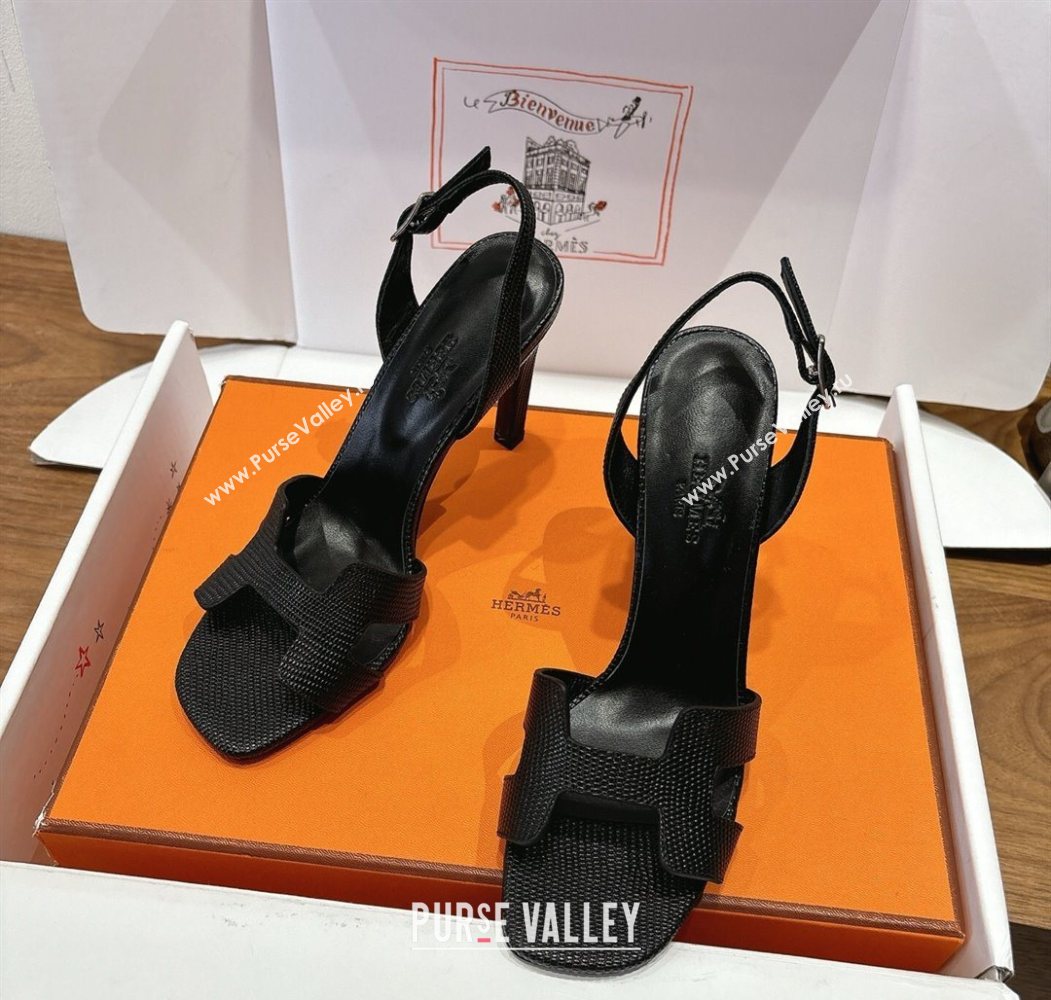 Hermes Eremite Heel Sandals 10cm in Ostrich Embossed Leather Black 2025 H102308 (XC-251023142)