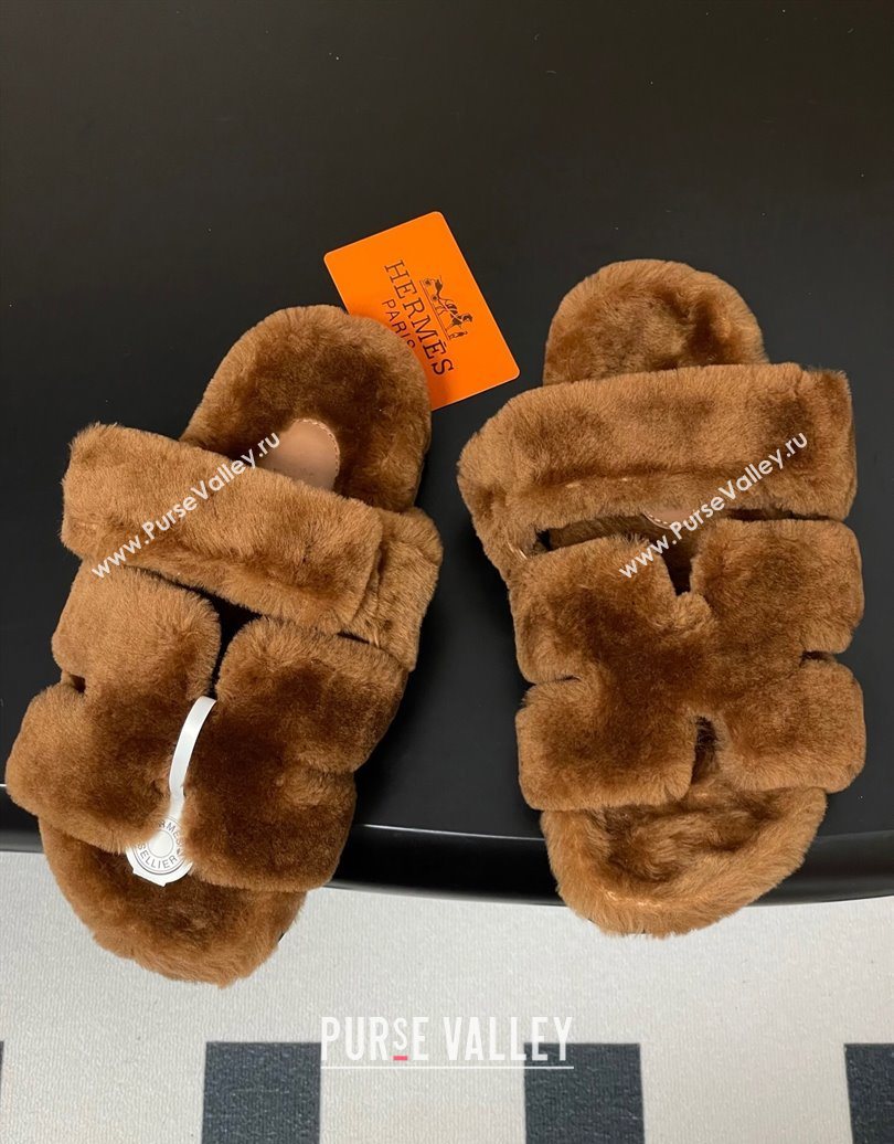 Hermes Chypre Flat Slides Sandal in Wool Brown 2025 H102306 (MD-251023114)
