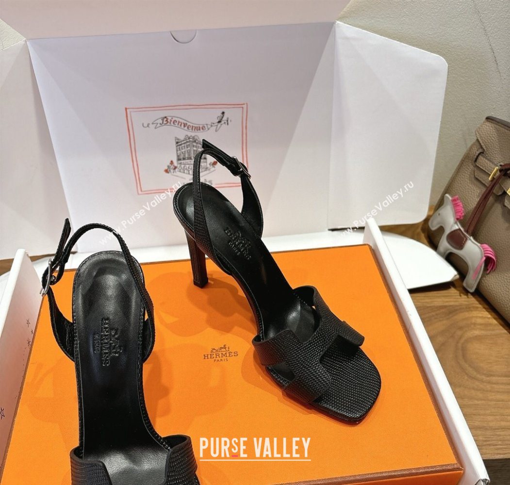 Hermes Eremite Heel Sandals 10cm in Ostrich Embossed Leather Black 2025 H102308 (XC-251023142)