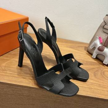 Hermes Eremite Heel Sandals 10cm in Ostrich Embossed Leather Black 2025 H102308 (XC-251023142)