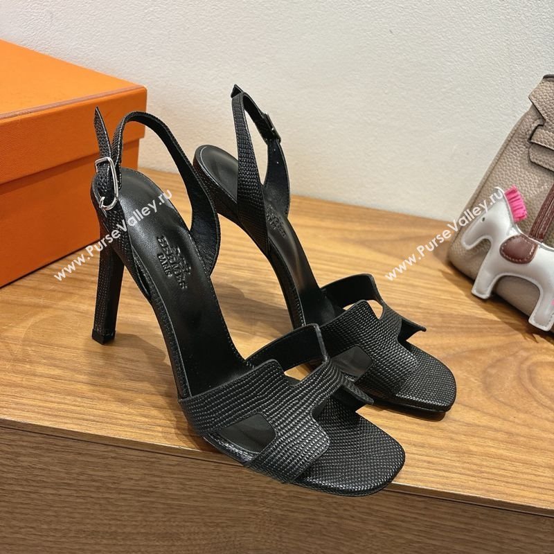 Hermes Eremite Heel Sandals 10cm in Ostrich Embossed Leather Black 2025 H102308 (XC-251023142)