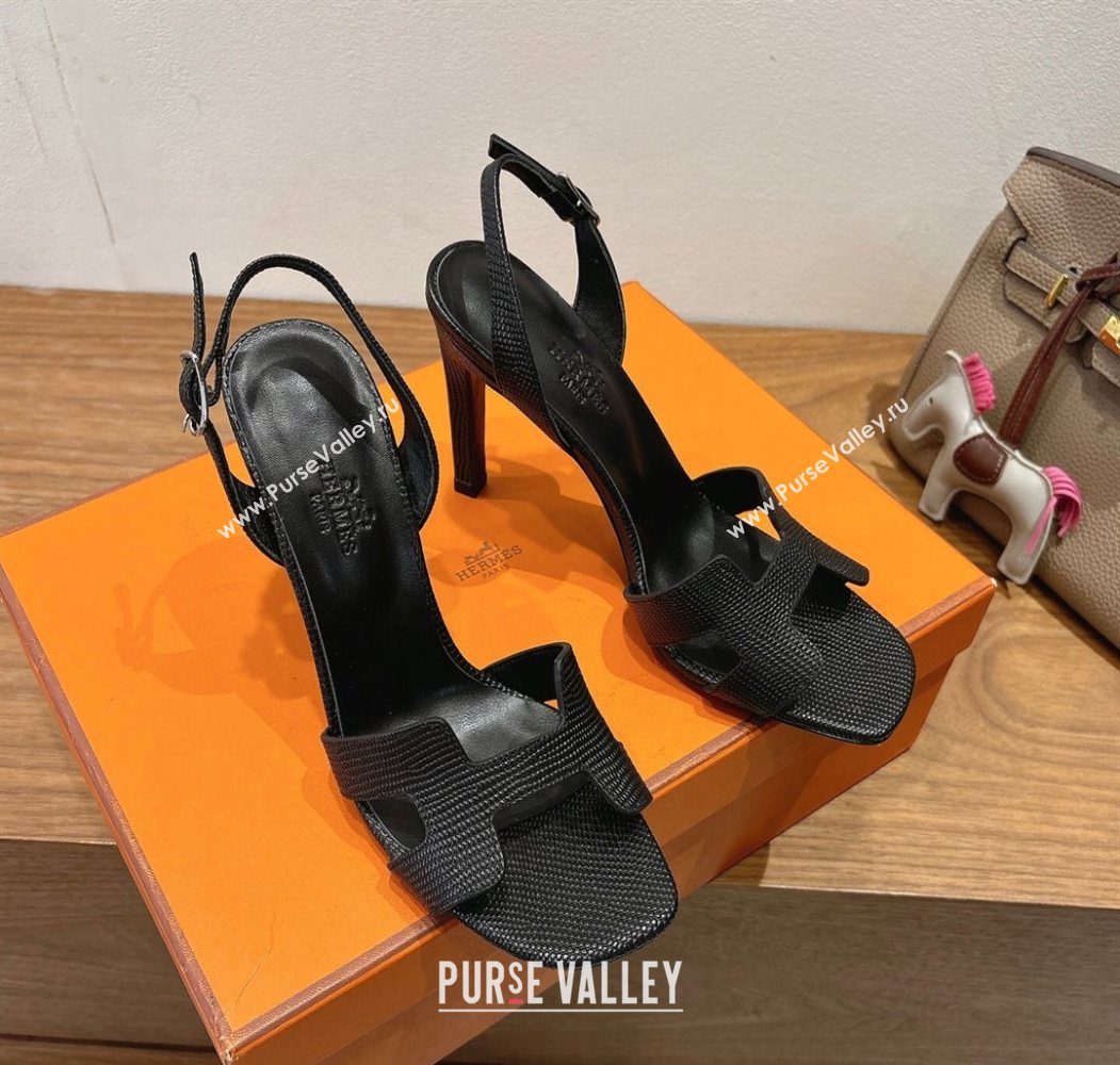 Hermes Eremite Heel Sandals 10cm in Ostrich Embossed Leather Black 2025 H102308 (XC-251023142)