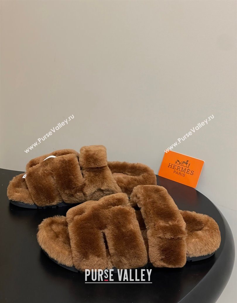 Hermes Chypre Flat Slides Sandal in Wool Brown 2025 H102306 (MD-251023114)
