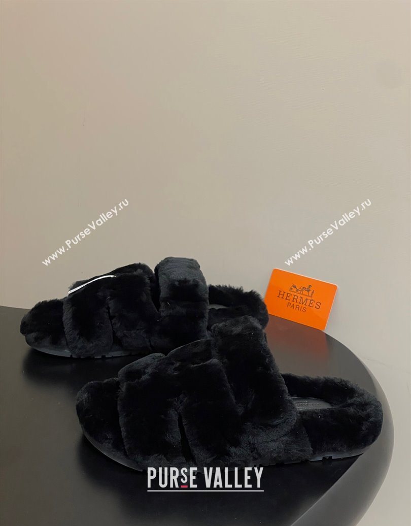 Hermes Chypre Flat Slides Sandal in Wool Black 2025 H102306 (MD-251023110)