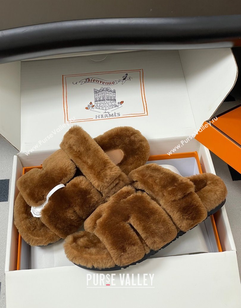 Hermes Chypre Flat Slides Sandal in Wool Brown 2025 H102306 (MD-251023114)