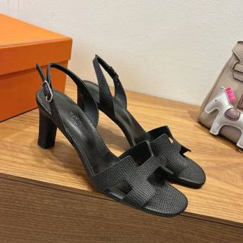 Hermes Eremite Heel Sandals 8.5cm in Ostrich Embossed Leather Black 2025 H102308 (XC-251023127)