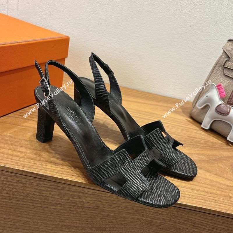 Hermes Eremite Heel Sandals 8.5cm in Ostrich Embossed Leather Black 2025 H102308 (XC-251023127)