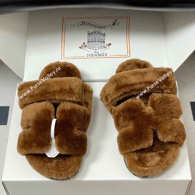 Hermes Chypre Flat Slides Sandal in Wool Brown 2025 H102306 (MD-251023114)