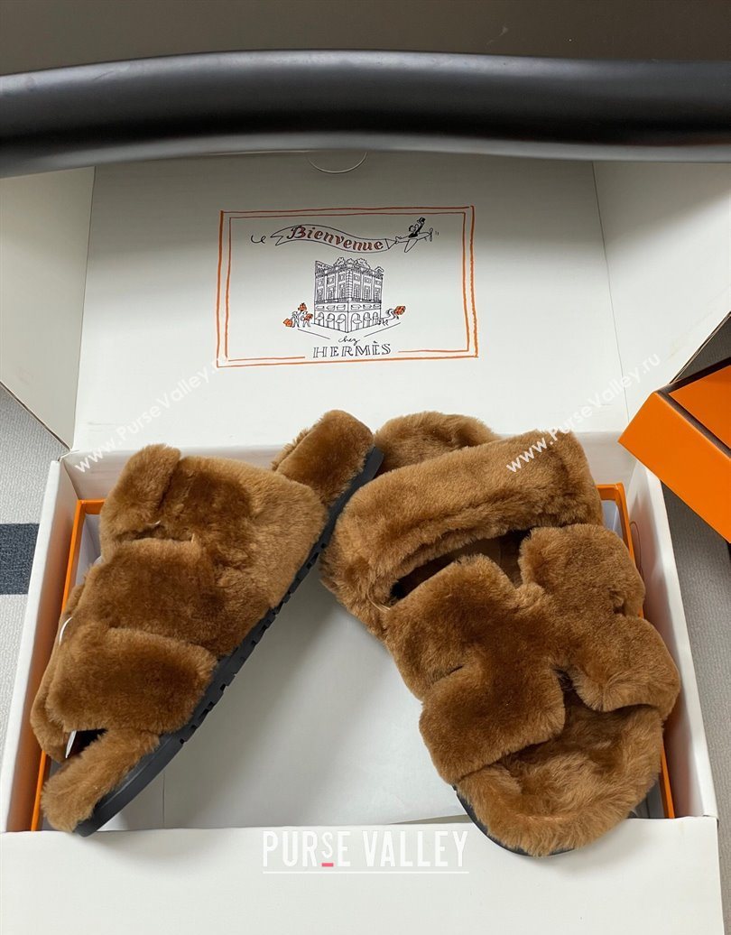 Hermes Chypre Flat Slides Sandal in Wool Brown 2025 H102306 (MD-251023114)