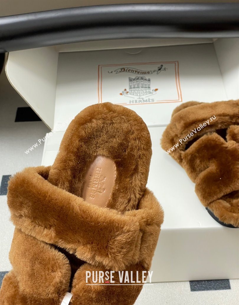 Hermes Chypre Flat Slides Sandal in Wool Brown 2025 H102306 (MD-251023114)