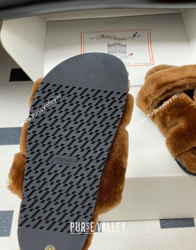 Hermes Chypre Flat Slides Sandal in Wool Brown 2025 H102306 (MD-251023114)