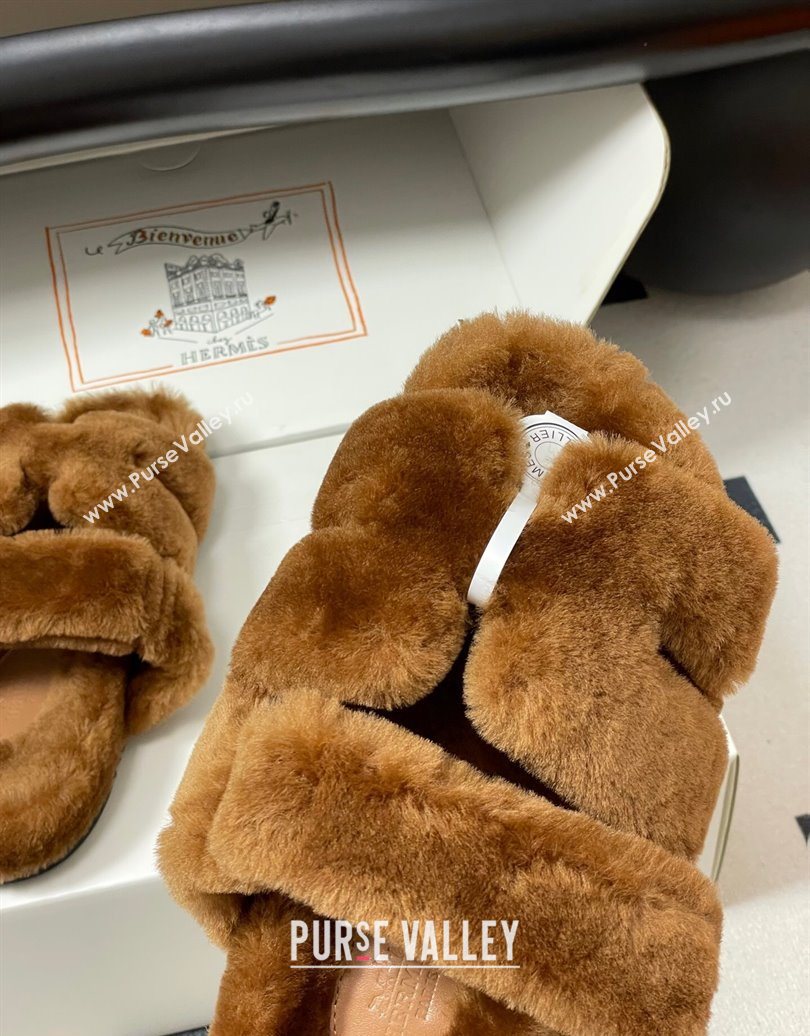 Hermes Chypre Flat Slides Sandal in Wool Brown 2025 H102306 (MD-251023114)