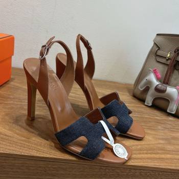 Hermes Eremite Heel Sandals 10cm in Denim and Leather Dark Blue 2025 H02275 (XC-251023144)
