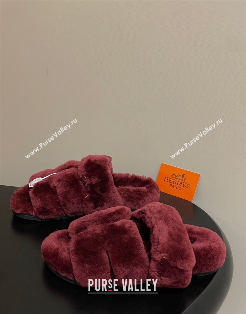 Hermes Chypre Flat Slides Sandal in Wool Burgundy 2025 H102306 (MD-251023115)