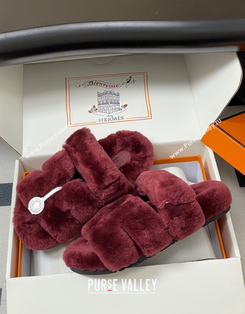 Hermes Chypre Flat Slides Sandal in Wool Burgundy 2025 H102306 (MD-251023115)