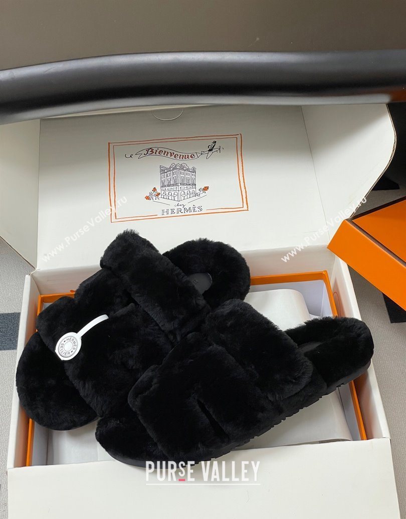 Hermes Chypre Flat Slides Sandal in Wool Black 2025 H102306 (MD-251023110)