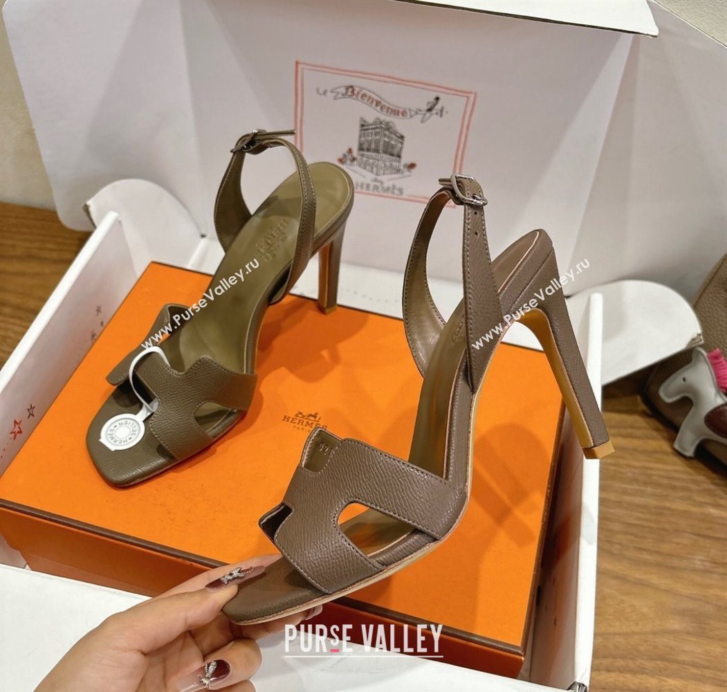 Hermes Eremite Heel Sandals 10cm in Grained Leather Elephant Grey 2025 H02275 (XC-251023147)
