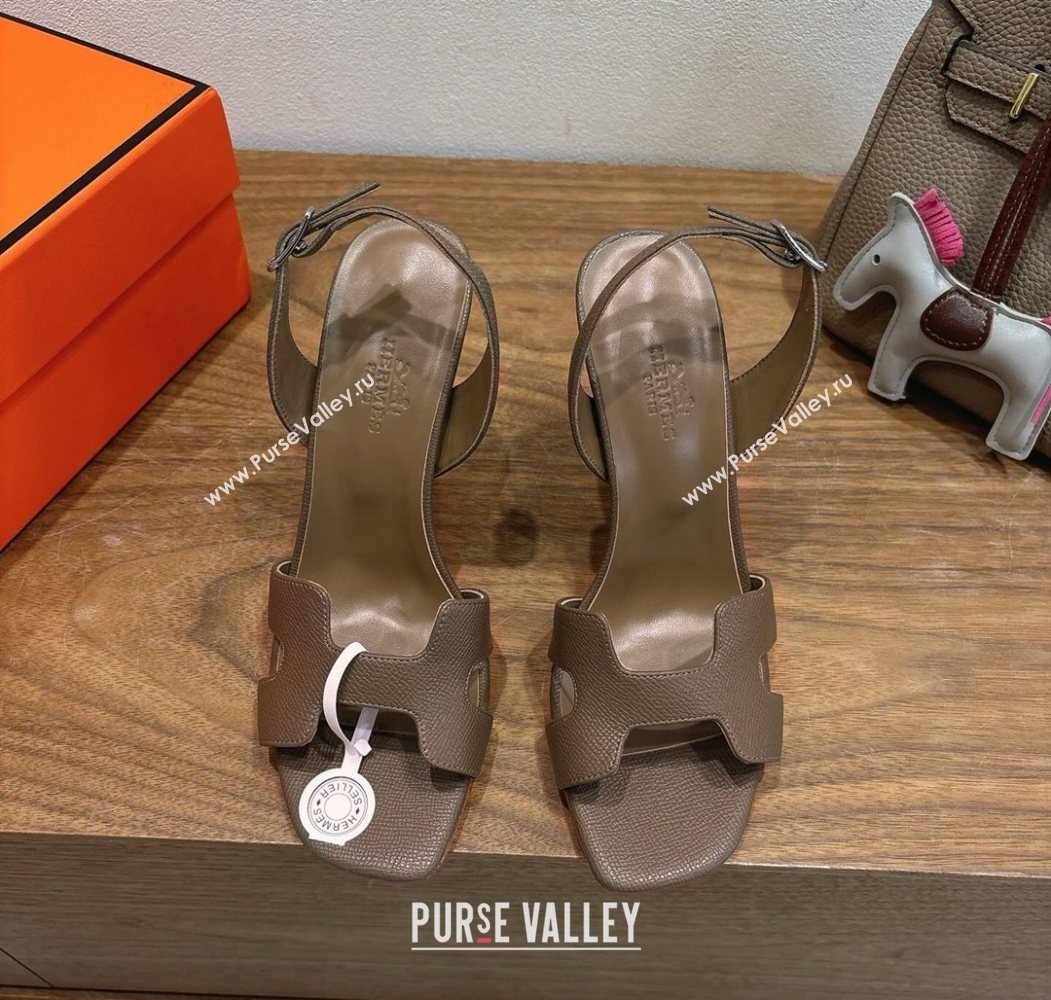 Hermes Eremite Heel Sandals 10cm in Grained Leather Elephant Grey 2025 H02275 (XC-251023147)