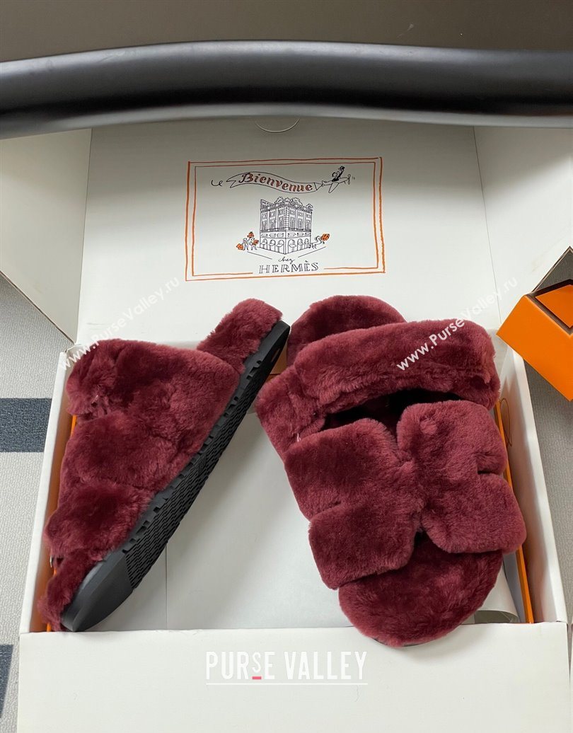 Hermes Chypre Flat Slides Sandal in Wool Burgundy 2025 H102306 (MD-251023115)