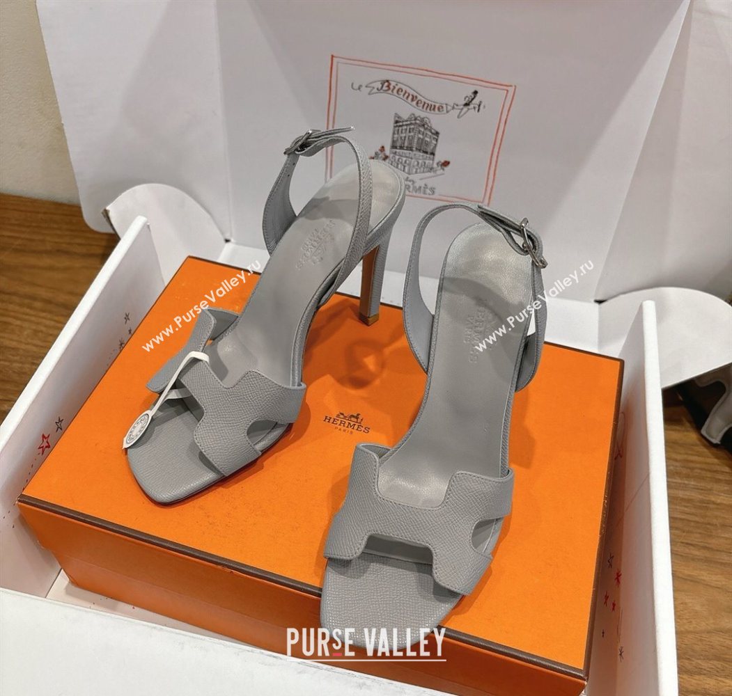 Hermes Eremite Heel Sandals 10cm in Grained Leather Light Grey 2025 H02275 (XC-251023150)