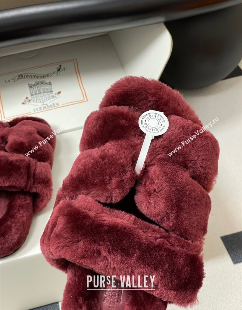 Hermes Chypre Flat Slides Sandal in Wool Burgundy 2025 H102306 (MD-251023115)